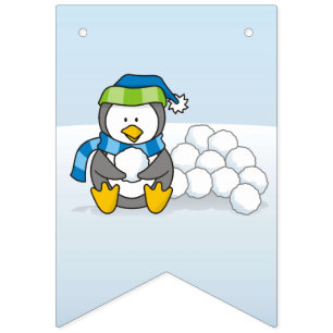 Bandeirinha Pinguim pequeno que senta-se com snowballs