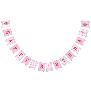 Bandeirinha Pink Gingham Checker Strawberry Aniversário