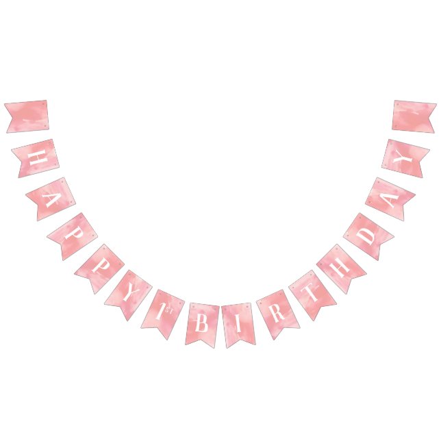 Bandeirinha Pink Watercolor Happy Primeiro Aniversário (Todos)