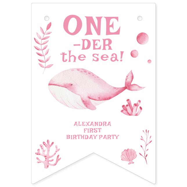 Bandeirinha Pink Whale Oneder The Sea 1st Birthday  (Primeira Bandeira)