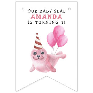 Bandeirinha Primeiro aniversario De Selo Rosa Sob O Mar