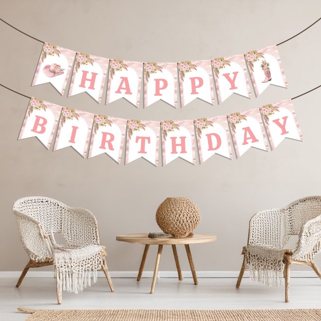 Bandeirinha Primeiro aniversario Rosa Boho Primeiro Rodeio (Pink Boho First Rodeo 1st Birthday Bunting Flags)