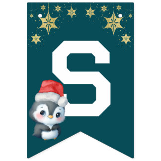 Bandeirinha Red Green Watercolor Pinguin Merry Christmas Party