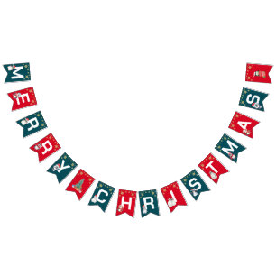 Bandeirinha Red Green Watercolor Pinguin Merry Christmas Party