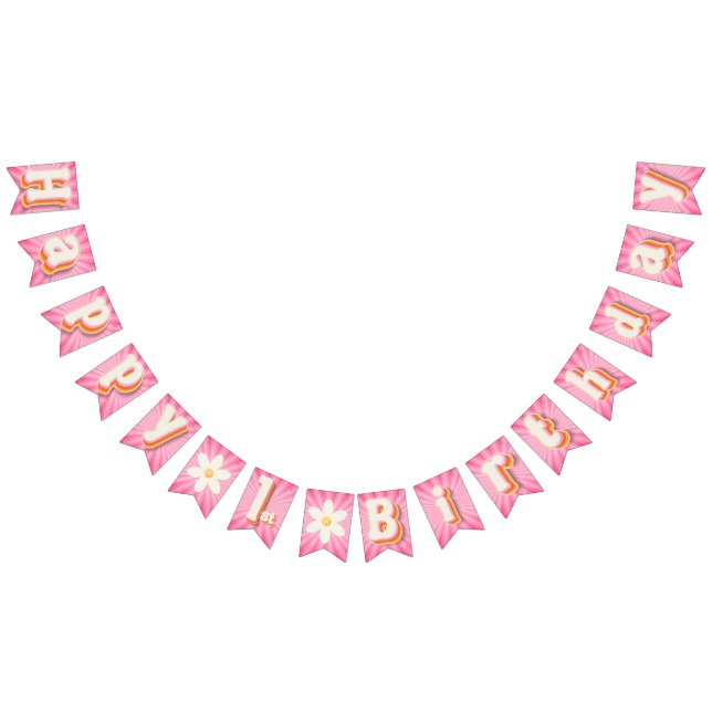 Bandeirinha Retro Daisy Pink Sunburst Happy primeiro aniversar (Todos)