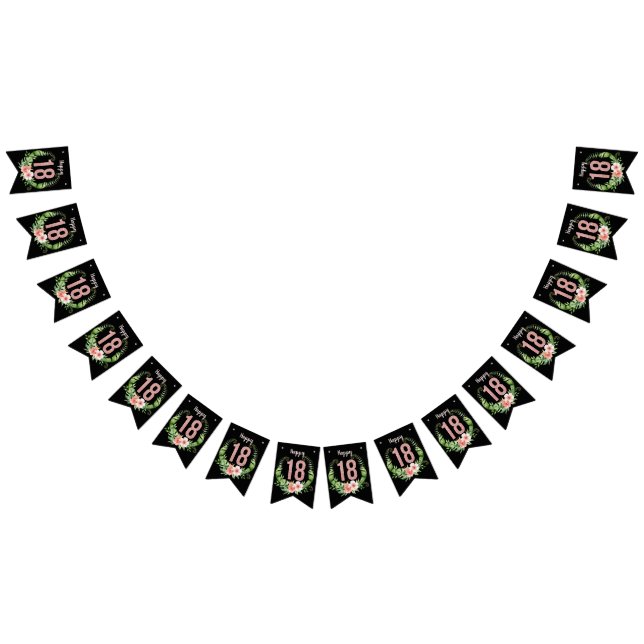 Bandeirinha Rosa de Aniversário Floral Preto-Brilhante Dourado (Todos)