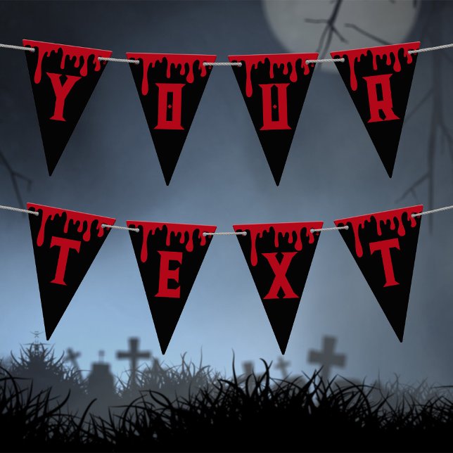 Bandeirinha Seu Texto Aqui Vermelho Preto Derrubando Halloween (Black bunting with red blood and text)