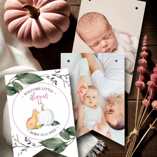 Bandeirinha Sip de Modelo de Banner de Bunting Personalizado e (fall sip and see baby shower fox and pumpkin theme with photo bunting flags)