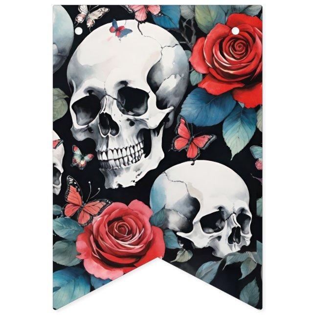 Bandeirinha Skulls Roses and Butterflies Goth Watercolor (Primeira Bandeira)