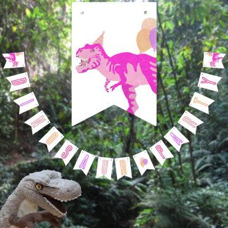 Bandeirinha T-Rex Pink Note-Noite-Cinado Partido Dinossauro Ju
