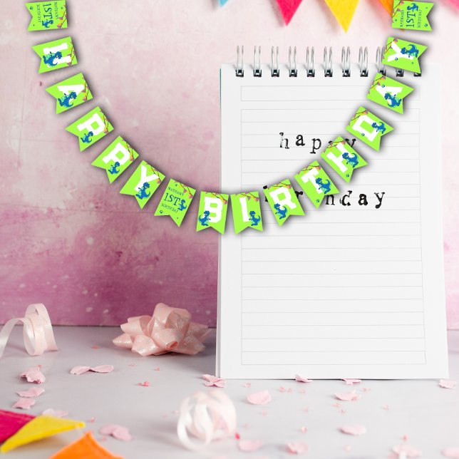 Bandeirinha Teoria do Dinossauro Azul Verde - Partido do Anive (Green Blue Dinosaur Themed Kids Birthday Party Bunting Flags)