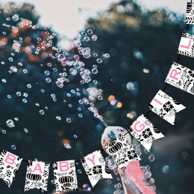 Bandeirinha Texto rosa Preto e Branco Padrão Floral Menina (Criador carregado)