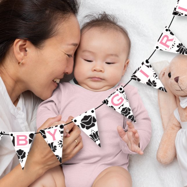 Bandeirinha Texto Rosa Preto Floral Patten Baby Girl (Criador carregado)