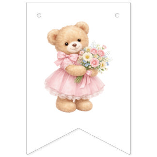 Bandeirinha Urso de pelúcia xadrez rosa Feliz aniversário