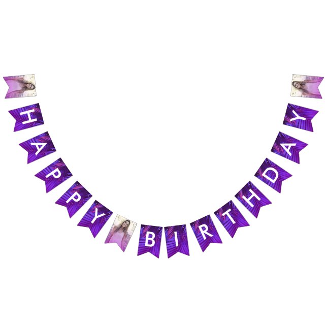 Bandeirinha Vibrant Palm Leaf Purple Photo Happy Birthday Flag (Todos)