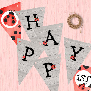Bandeirinha Watercolor Ladybug Happy Birthday Bunting Banner