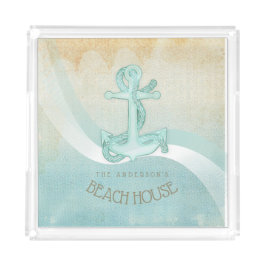 Bandeja De Acrílico Beach House Anchor Náutico e Corda Aqua ID623