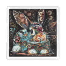 Coelho Whimsso Rabbit Floral Abstrato Teal Preto