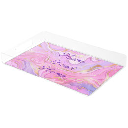 Bandeja De Acrílico Luxo Marble Glitter Rosa Púrpura Dourada