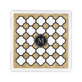 Bandeja De Acrílico Monograma Geométrico Dourado Branco Quatrefol
