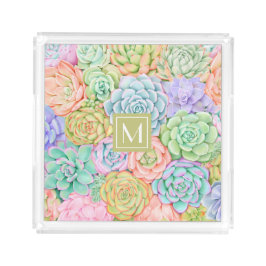 Bandeja De Acrílico Monograma Suculente Aquarela Pastel Colorido