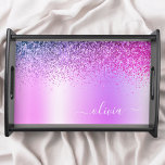 Bandeja Monograma Script Purple Glitter Giration Name<br><div class="desc">Folha fina Roxa Folha Metálica Brilhante Metálica Esmagada Monograma Nome Local Servindo Bandeja. Isso faz a formatura perfeita,  aniversário,  casamento,  chá de panela,  aniversário,  chá de fraldas ou presente de festa de solteira para alguém que ama luxo de vidro e estilos quíticos.</div>