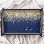 Bandeja Nome da Rapariga do Monograma de Script Azul do Ma<br><div class="desc">Nome do Monograma do Script Glitter Glitter Glitter do Faux Azul e Dourado do marinho,  Local de Serviço da Bandeja. Isso faz a formatura perfeita,  aniversário,  casamento,  chá de panela,  aniversário,  chá de fraldas ou presente de festa de solteira para alguém que ama luxo de vidro e estilos quíticos.</div>