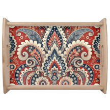 Padrão Floral Paisley Vermelho, Branco e Azul Eleg