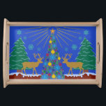 Bandeja Retro Winter Reindeer Christmas Tree Cena<br><div class="desc">Esta bandeja moderna e bonito de serviço de inverno é feita em tons de azul, vermelho-marrom, verde e muitas cores na colagem central da árvore. Esta bandeja única é perfeita para festas de férias e toda a estação de inverno. Duas renas ficam em frente aos pinheiros no chão nevado e...</div>