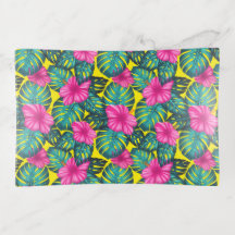 Monstera Leaves e Hibiscus, Rosa Teal em Amarelo
