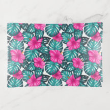 Monstera Leaves e Hibiscus, Rosa Teal em Branco