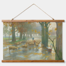 Bando de ovelhas com pastor em um dia chuvoso