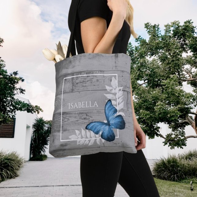 Banheira Azul - Rustic Tote Bag Personalizada (Blue Butterfly Rustic Personalized Tote Bag)