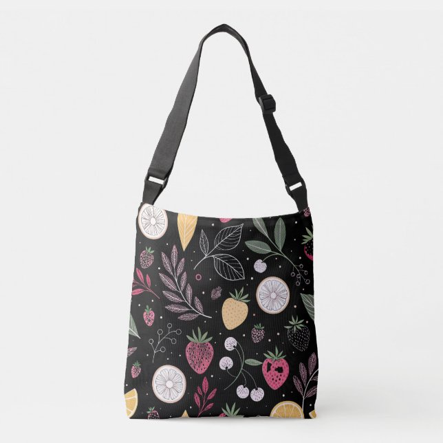 "Banheira de Tote de Padrão de Fruta Floral Preto" (Frente)