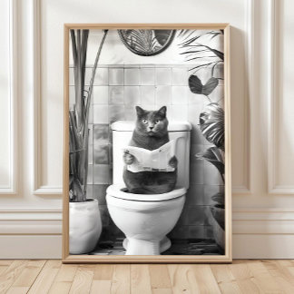 Banheiro Preto e Branco Impressão de Gato, Posters