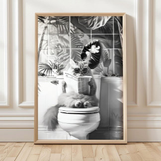 Banheiro Preto e Branco Impressão de Gato, Posters