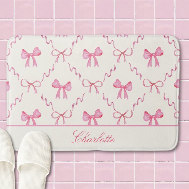 Banheiro Tapete de Banho Coquette com Laço Rosa (pink coquette bow calligraphy script bathmat with custom name, cute personalized gift for her)
