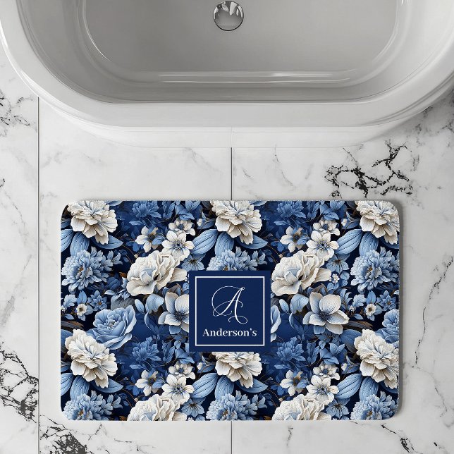 Banheiro Tapete de Banho Personalizado com Flores Brancas A (Navy blue and ivory flowers,
Deep Blue flowers botanical garden,
Royal blue dusty blue floral,
Water)