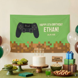 Banner de Aniversário de Gamer Pixelado Marrom