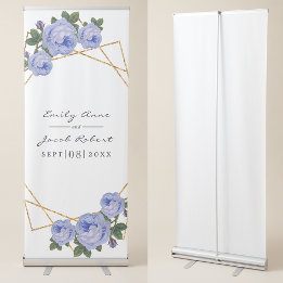Banner Retrátil Casamento Floral Azul Geométrico Dourado Elegante