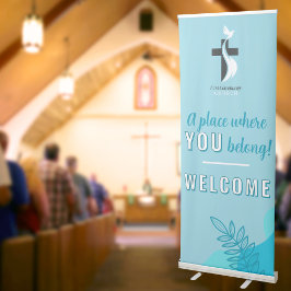 Banner Retrátil Igreja das Folhas Azuis Modernas Bem-vindo Adicion