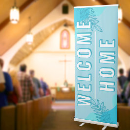 Banner Retrátil Igreja Folhas Azul-Claro Modernas Bem-vindo a Casa