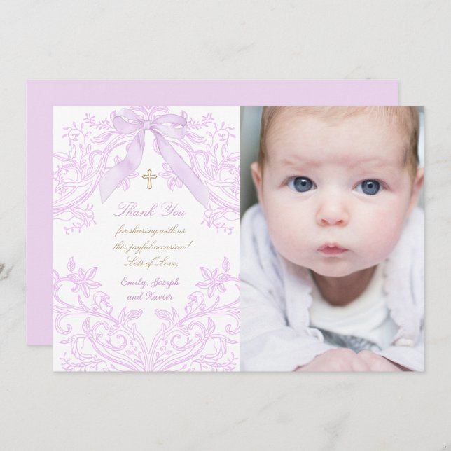 Baptism baby girl lilac design thank you card (Frente/Verso)