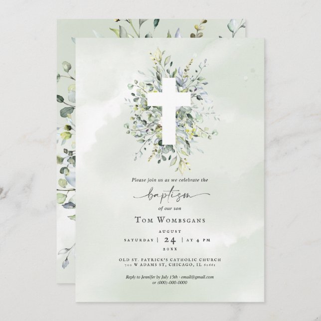Baptism Convite Greenery (Frente/Verso)