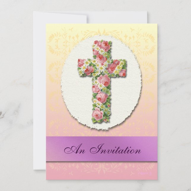 Baptism Floral Cross Pastel Convites Personalizado (Frente)