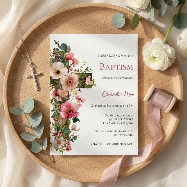 Baptism Invitation Floral Cross Watercolor (Criador carregado)