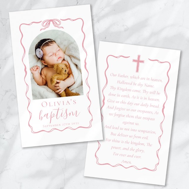 Baptism Pink Bow Ribbon Photo Keepsake Prayer Card (Criador carregado)