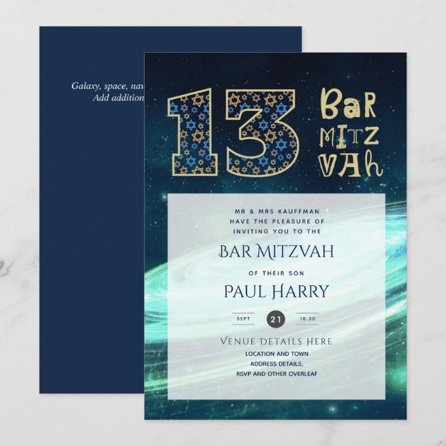 Bar Azul Galáxia Moderna - Convites MITZVAH (Frente/Verso)