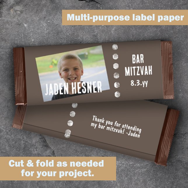 Bar Castanho Mitzvah Bar Docente Personalizado (brown bar mitzvah personalized chocolate candy bar label, photo budget cheap low cost DIY wrapper)