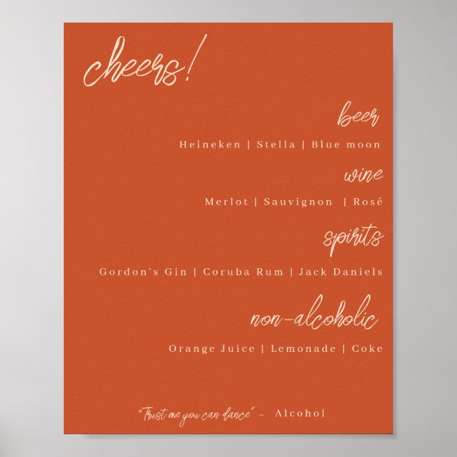 Bar Menu Wedding Signage - Burnt Orange Poster (Frente)